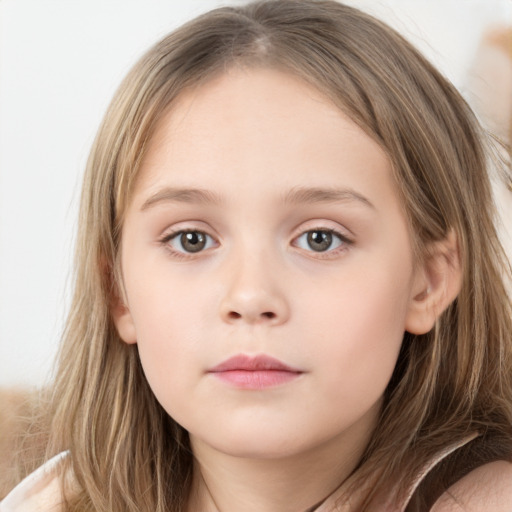 Neutral white child female with long  brown hair and grey eyes