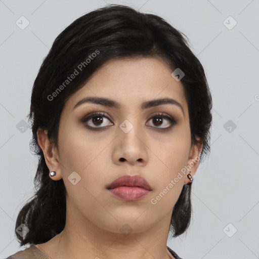 Neutral asian young-adult female with medium  black hair and brown eyes