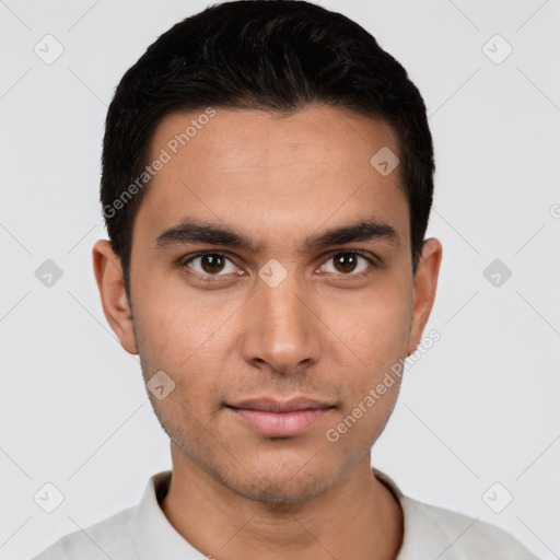 Neutral white young-adult male with short  black hair and brown eyes