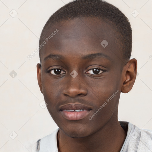 Joyful black young-adult male with short  brown hair and brown eyes