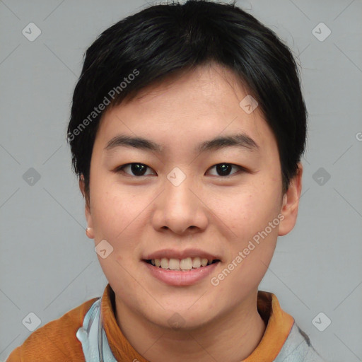 Joyful asian young-adult female with short  black hair and brown eyes