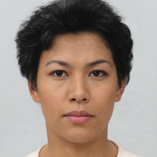 Neutral asian young-adult female with short  brown hair and brown eyes