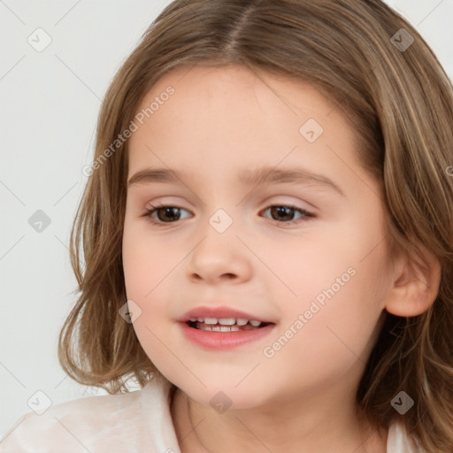 Joyful white child female with medium  brown hair and brown eyes