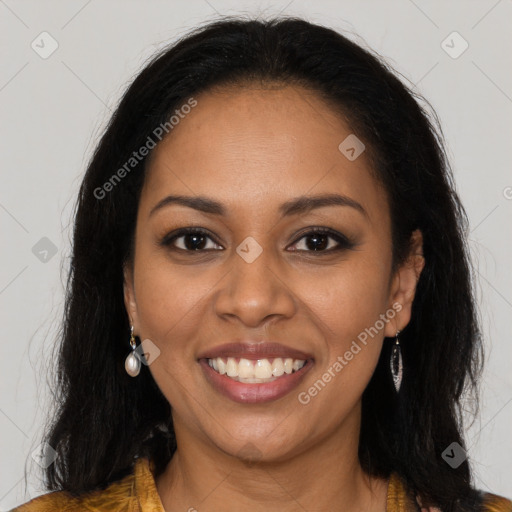 Joyful latino young-adult female with long  brown hair and brown eyes