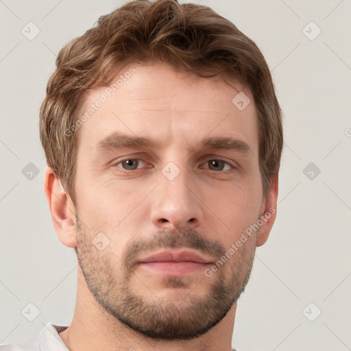 Neutral white young-adult male with short  brown hair and grey eyes