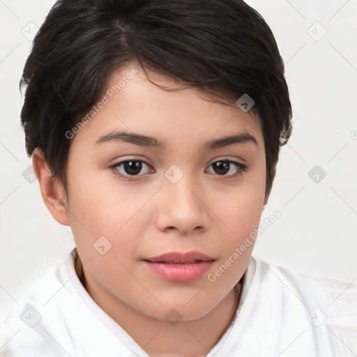 Joyful white child female with medium  brown hair and brown eyes