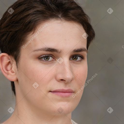 Neutral white young-adult female with short  brown hair and brown eyes