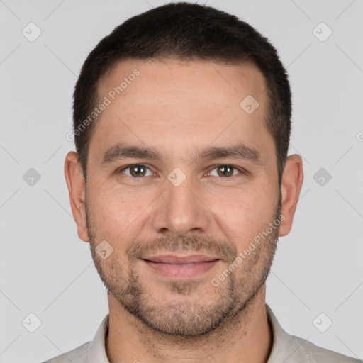 Joyful white young-adult male with short  brown hair and brown eyes