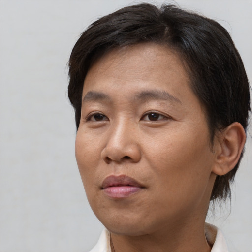 Neutral asian young-adult female with short  brown hair and brown eyes