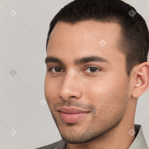 Neutral white young-adult male with short  brown hair and brown eyes