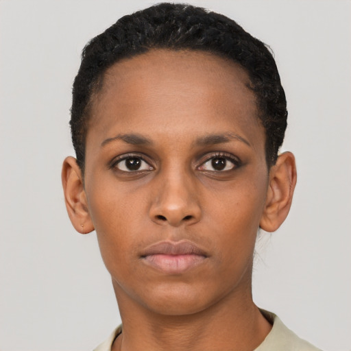 Neutral black young-adult female with short  brown hair and brown eyes