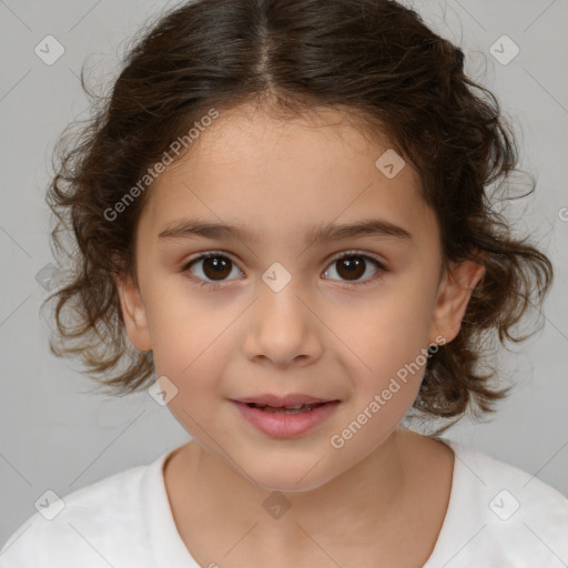 Joyful white child female with medium  brown hair and brown eyes