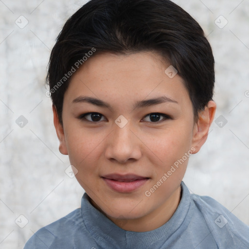 Joyful asian young-adult female with short  brown hair and brown eyes