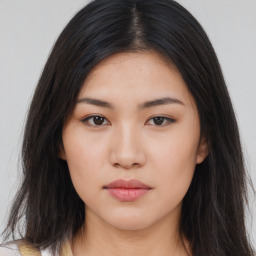 Neutral asian young-adult female with long  brown hair and brown eyes