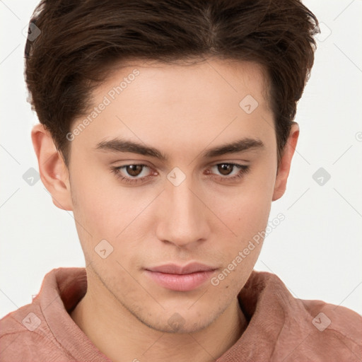 Neutral white young-adult male with short  brown hair and brown eyes