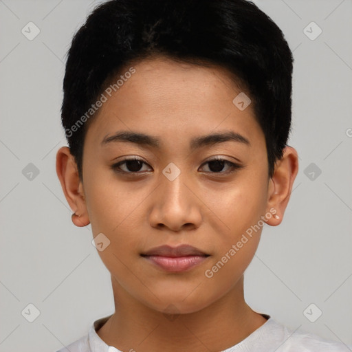 Joyful asian young-adult female with short  black hair and brown eyes