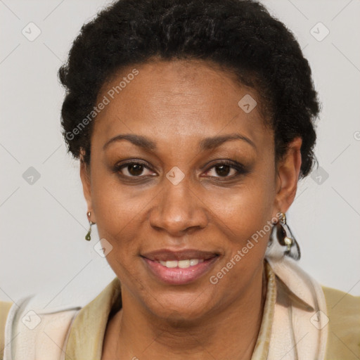 Joyful black adult female with short  brown hair and brown eyes