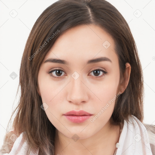 Neutral white young-adult female with long  brown hair and brown eyes