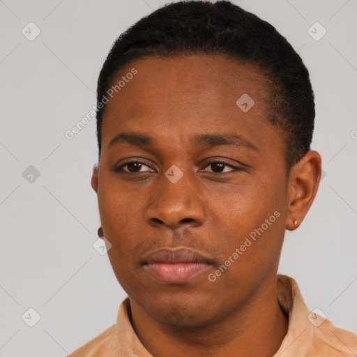 Neutral black young-adult male with short  black hair and brown eyes