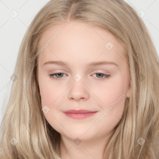 Joyful white child female with long  brown hair and brown eyes