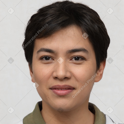 Joyful asian young-adult female with short  black hair and brown eyes