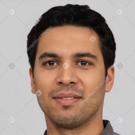 Neutral latino young-adult male with short  black hair and brown eyes