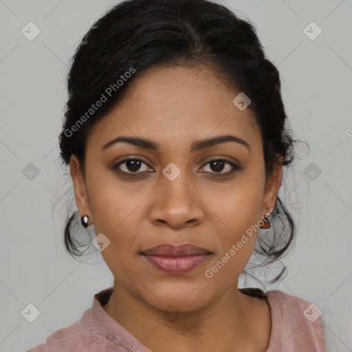 Joyful latino young-adult female with medium  brown hair and brown eyes