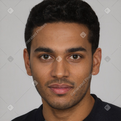 Neutral latino young-adult male with short  black hair and brown eyes