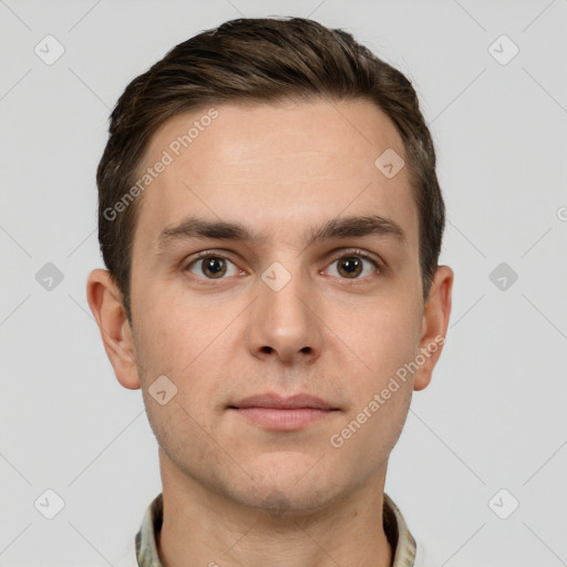 Neutral white young-adult male with short  brown hair and brown eyes