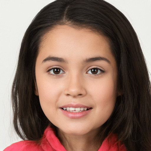 Joyful white child female with long  brown hair and brown eyes