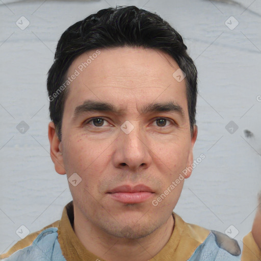 Neutral white adult male with short  black hair and brown eyes