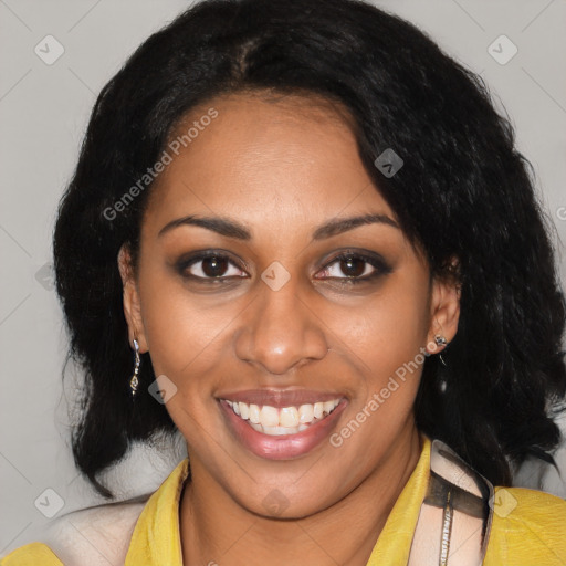 Joyful latino young-adult female with medium  black hair and brown eyes