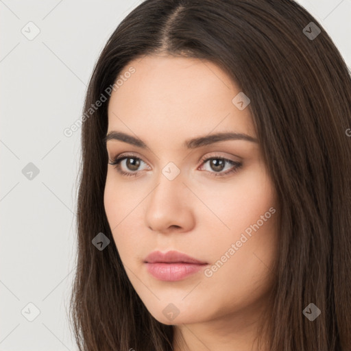 Neutral white young-adult female with long  brown hair and brown eyes