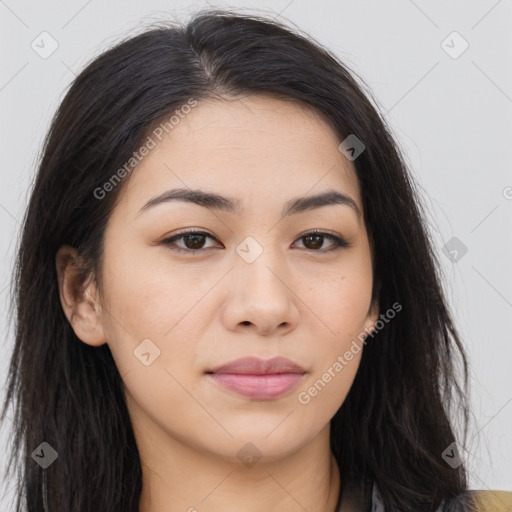 Neutral asian young-adult female with long  brown hair and brown eyes