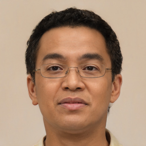 Joyful latino adult male with short  brown hair and brown eyes
