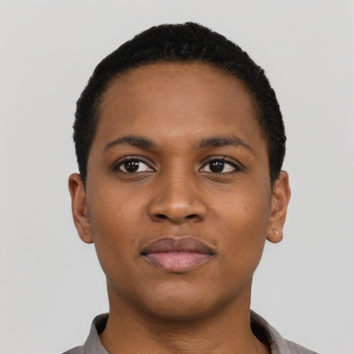 Neutral black young-adult female with short  black hair and brown eyes