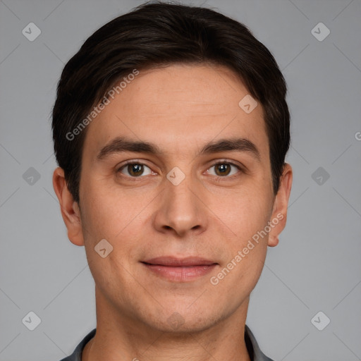 Joyful white young-adult male with short  brown hair and brown eyes