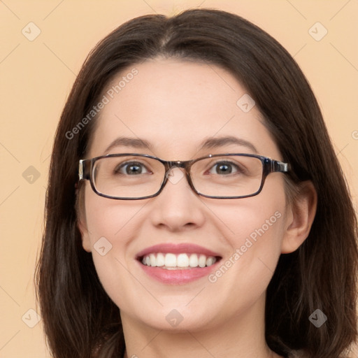 Joyful white adult female with medium  brown hair and grey eyes