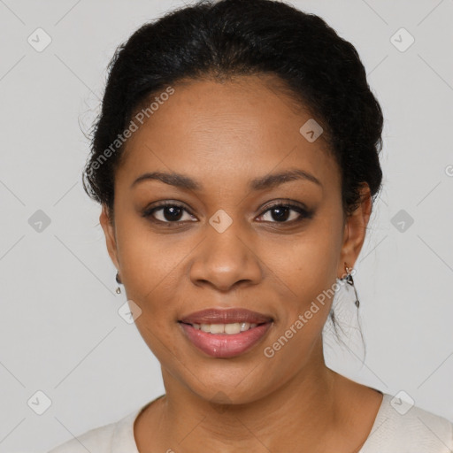 Joyful latino young-adult female with short  black hair and brown eyes