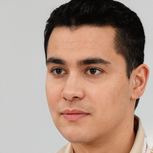 Neutral asian young-adult male with short  black hair and brown eyes