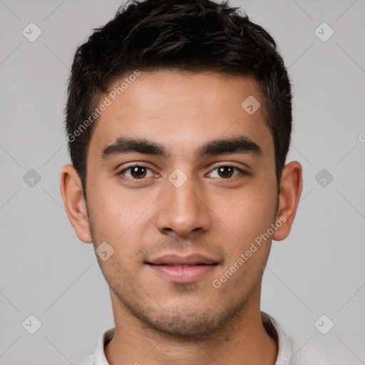 Neutral white young-adult male with short  brown hair and brown eyes