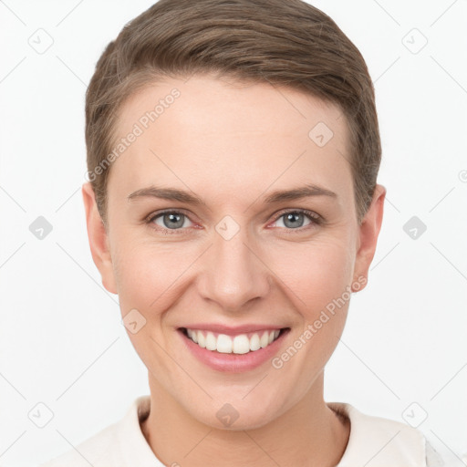 Joyful white young-adult female with short  brown hair and grey eyes