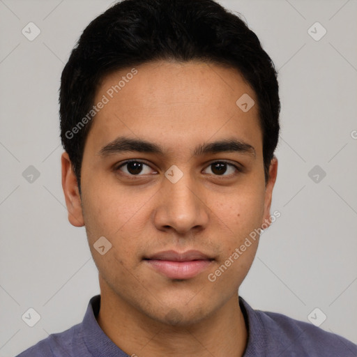 Neutral latino young-adult male with short  black hair and brown eyes