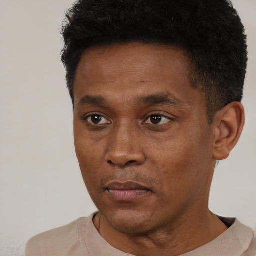 Neutral black young-adult male with short  black hair and brown eyes