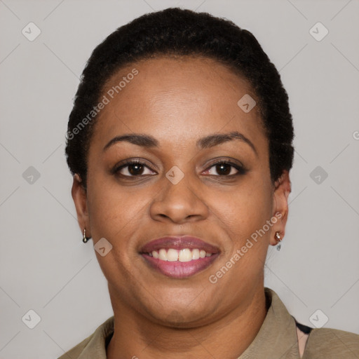 Joyful black young-adult female with short  black hair and brown eyes