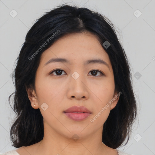 Neutral asian young-adult female with medium  brown hair and brown eyes