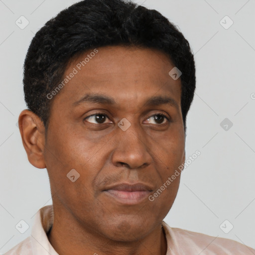 Neutral latino adult male with short  brown hair and brown eyes