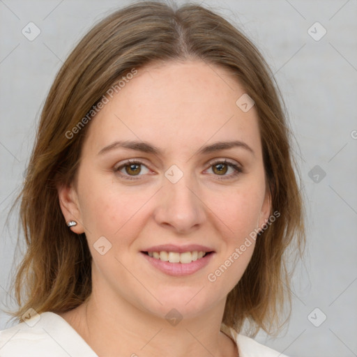 Joyful white young-adult female with medium  brown hair and green eyes