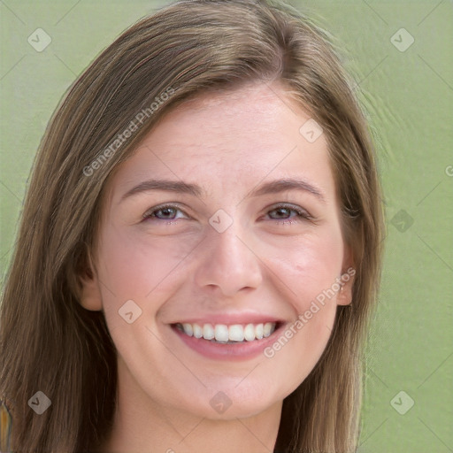 Joyful white young-adult female with long  brown hair and grey eyes