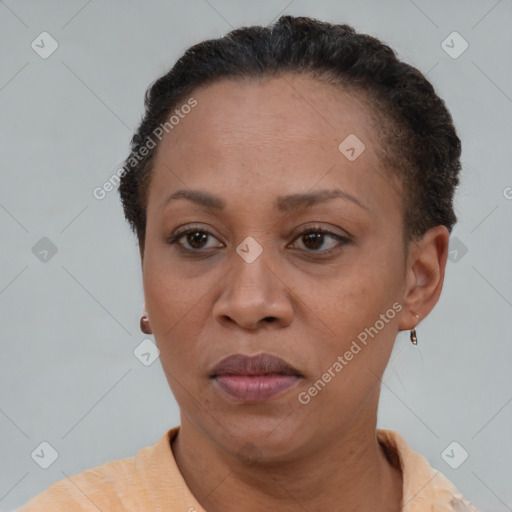 Neutral black adult female with short  brown hair and brown eyes